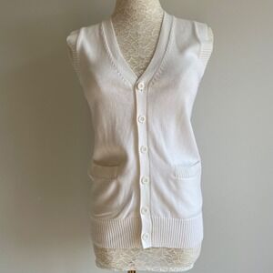 White Cotton Knit Sweater‎ Vest Womens Small Button Front V Neck Pockets